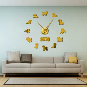 DIY acrylic mirror wall clock with Bichon Frise dog design for modern living room decor