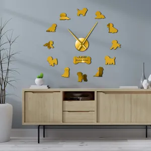 Gold acrylic Bichon Frise dog wall clock modern DIY mirror clock for living room decor.