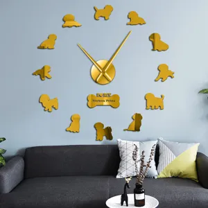DIY Bichon Frise acrylic mirror wall clock, modern golden 3D art sticker for living room decor.