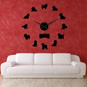 Acrylic Bichon Frise DIY wall clock modern large silent home living room decor black mirror sticker.
