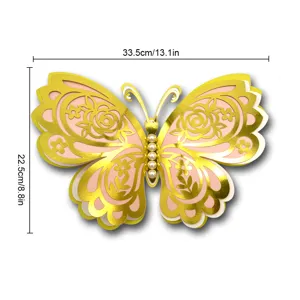 3D pearl hollow butterfly wall sticker with 4-layer gold pink design for wedding decor.