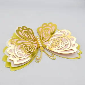 Detailed view of 3d hollow butterfly wall sticker with metallic gold layers and pearls.