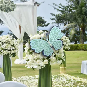Detailed view of the 3D hollow butterfly wall sticker with pearl decoration for wedding.