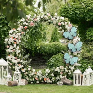 3D butterfly wall stickers for wedding party decor, hollow pearl design, detail view on floral arch.