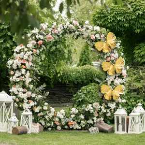 3D hollow gold butterfly wall stickers for wedding party decor, stunning floral arch display.