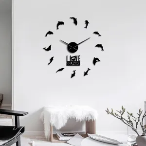 Modern black acrylic dolphin wall clock detail, creative minimalist decor for your living room.