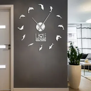 Silver acrylic mirror DIY wall clock with dolphin numbers for modern living room decor.