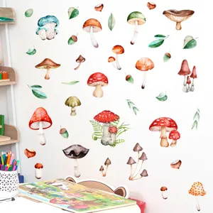 Adesivi murali funghi acquerello per decorazione camera bambini, piante e ghiande adesive.