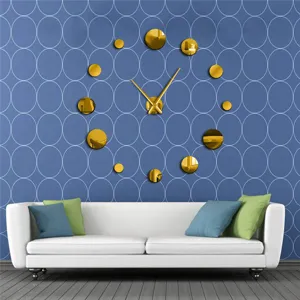 Large 3D acrylic mirror wall clock DIY gold round dots modern design for living room decor