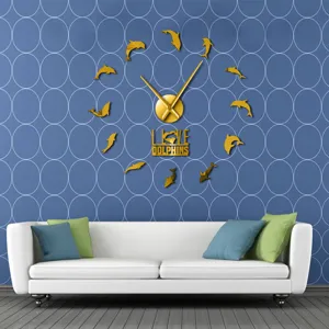 Acrylic mirror wall clock with gold dolphins design, elegant DIY decor for living room.