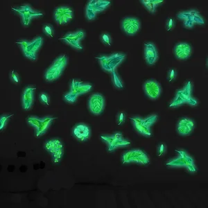 Adesivi da parete colibrì luminosi, decalcomanie fluorescenti verdi piante fosforescenti cameretta.