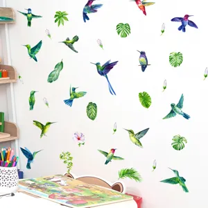 Adesivi murali colibrì acquerello per cameretta bambini, decalcomanie foglie verdi floreali.