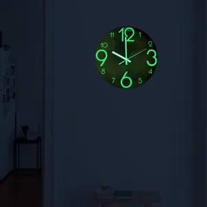 Detailed view of a luminous wall clock with Mars pattern glowing in the dark room setting.