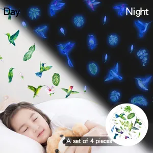 Adesivi murali colibri fluorescenti, decalcomanie floreali luminose per cameretta bambini.