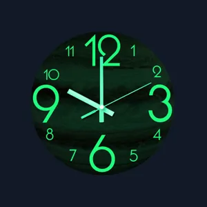 Luminous Jupiter wall clock detail, glowing numbers, silent acrylic design close up