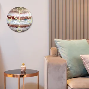 Jupiter wall clock in living room scene, luminous acrylic silent clock for home decor.