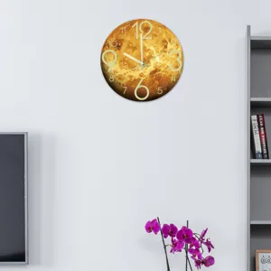 Close-up scene of a luminous Venus planet wall clock hanging on a white wall in a room.