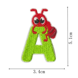 Embroidered letter A patch with cute red bug design, colorful DIY clothing accessory.