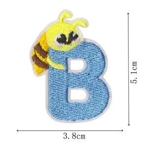 Cute blue letter B and cartoon bee embroidered patch for kids clothing and bags decoration.