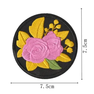 Runde bestickte Flicken rosa Rosen goldene Blätter DIY Kleidung Applikation 7.5cm