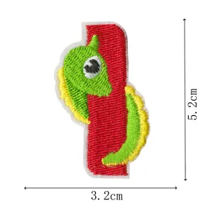Detailed view of creative animal letter embroidery patch, colorful cloth sticker for kids.