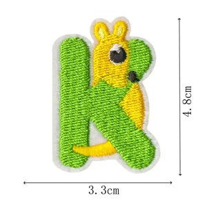 Detailed close-up of a creative animal English letter K embroidered patch with dimensions.