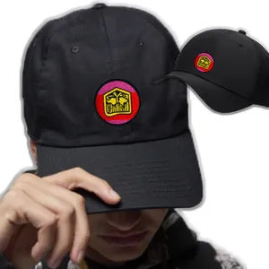 Black cotton baseball cap featuring an embroidered round shield patch, casual adjustable hat.