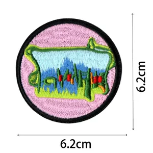 Round embroidered patch badge with pink background and landscape design for backpack hat 6.2cm