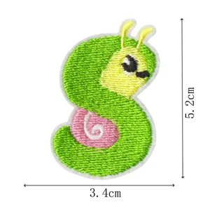 Creative animal letter embroidery patch, green caterpillar design, ideal for clothes decor.