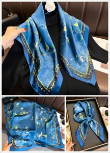Detailed view of the blue floral square satin scarf, elegant botanical print texture.