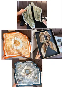 Details of 70cm French printed square silk scarf with paisley patterns for women styling.