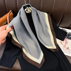 French style silk satin square scarf 70cm geometric chain print versatile women accessory