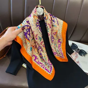 French style orange and purple paisley printed silk square scarf, 70cm versatile accessory.