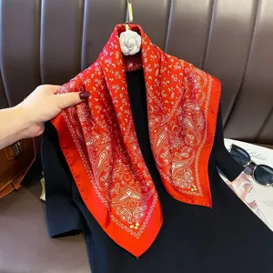 Orange paisley square scarf for women, 70cm elegant satin neckerchief for versatile daily wear.