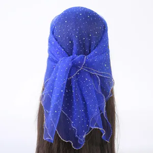 Blauwe strass polyester vierkante hoofddoek sluier detail, elegante mode vrouwen haar accessoire.