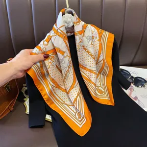 Orange white silk square scarf detail, 70cm elegant equestrian print fashion neckerchief.