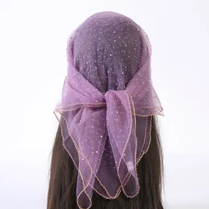 Gedetailleerd overzicht van de sprankelende paarse transparante hoofddoek met strass, stijlvolle rug.