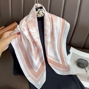 French style Toile de Jouy print silk scarf, elegant pink and white square shawl for women.