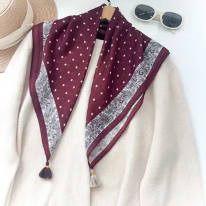 Foulard Carre Pois Paisley Bordeaux Vintage Ethnique Franges Mode Femme Foulard Cou