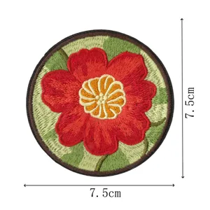 Round embroidered red flower patch with green leaf design, 7.5cm diameter for clothing.