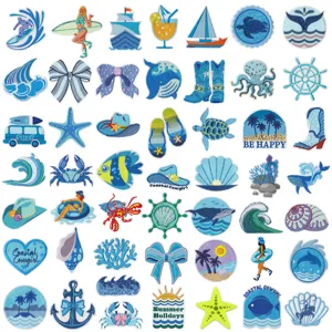 Summer Beach Surf Girl Embroidery Patches Ocean Animals Bowknot Applique Iron On Badges For Clothing DIY Decor