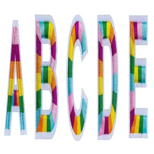Colorful embroidered alphabet letter patch set for clothing decoration and school uniform.