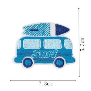 Blue camper van embroidery patch with surfboards, DIY decorative clothing badge appliques