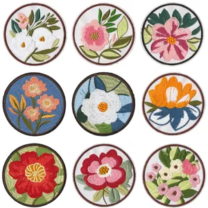 Peony Flower Embroidered Patches Iron On Applique Round Cloth Patches DIY Garment Repair Accessories Decorative Badges