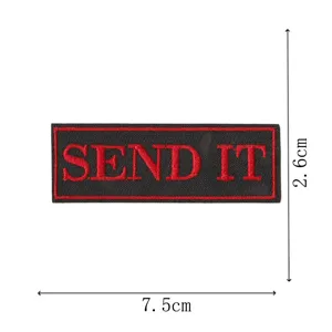 Embroidered patch with red text SEND IT on black background, clothing DIY accessory 7.5cm