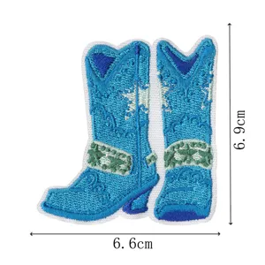 Blue cowboy boots embroidered patch clothing appliques DIY decorative badge size 6.9x6.6cm
