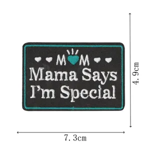 Embroidered badge patch with Mama Says I'm Special design, apparel DIY accessory.