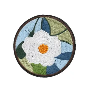 Embroidered flower patch iron on round badge beautiful peony applique for clothing accessories