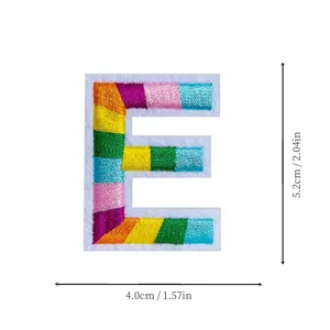 Colorful embroidered letter E patch, fabric clothing accessory with size 5.2x4cm.
