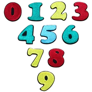 Close-up detail of colorful embroidered number patches 0-9, ideal for DIY clothing decoration.